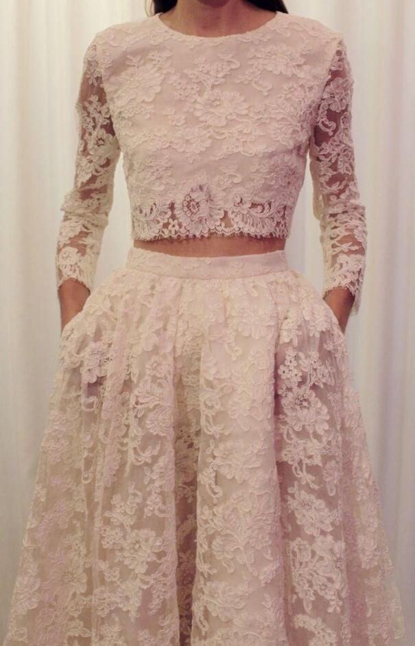 New Arrival Lace Prom Dress,Cheap Prom Dress,Long Sleeve Prom Gown,Scoop Neck A-line Two Pieces Handmade Wedding Dresses
