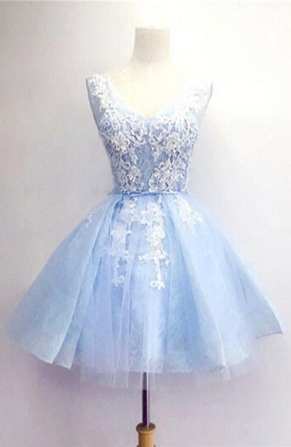 Light Blue Short Prom Dresses,v-neck Lace Homecoming Dresses,homecoming ...