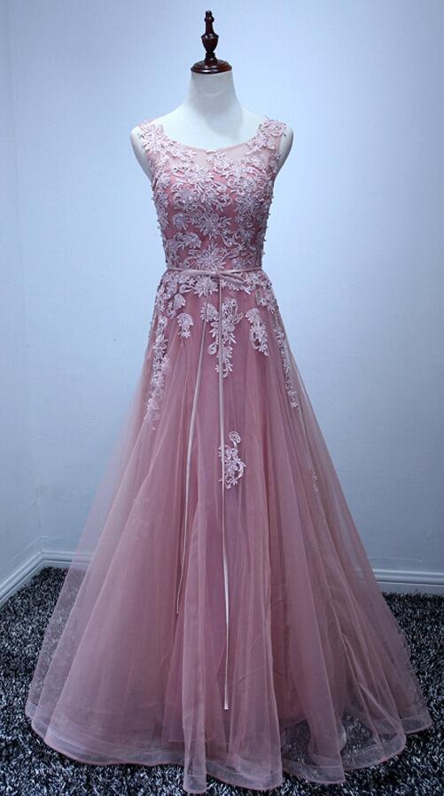 Scoop Neck Prom Dress,long Tulle Prom Dresses With Appliques,lace Prom Dress,long Evening Dress