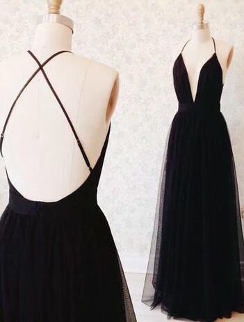 Sexy Prom Dress,tulle Prom Dress, Prom Dress,formal Black Prom Dresses, Tulle Open Back Evening Dress, V Neck Long Prom Dress 2018,evening Dress