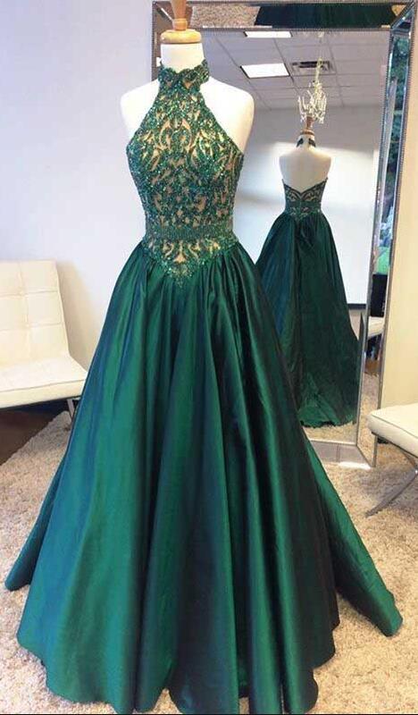 Halter Prom Dresses, Prom Dress,long Hunter Prom Dress, Beading Prom Dresses, Emerald Green Prom Dress, Long Party Dress, A Line Evening