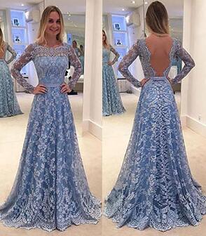 Long Sleeves Prom Dresses, Sexy prom Dress,Lace Prom Dresses, Blue Prom Dress, Long Evening Dresses, Lace Formal Dresses, Prom Dress