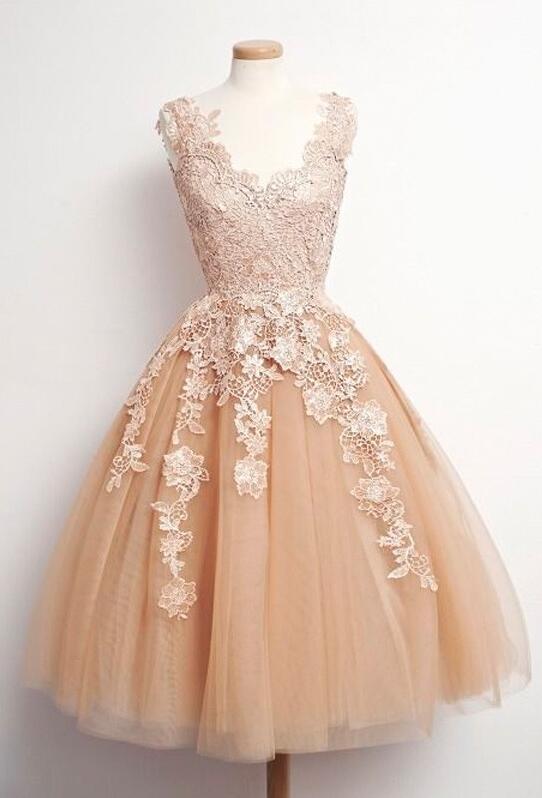Champagne Lace Prom Dress,ball Gown Homecoming Dresses,short Lace Homecoming Dress, Off The Shoulder V Neck Knee Length Prom Gowns,sweet 16