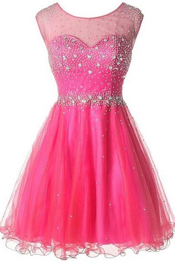 Pink Prom Dress,tulle Prom Dress, High Neck Backless Homecoming Dresses ,open Back Beaded Homecoming Dress,short Prom Dresses,wedding Party