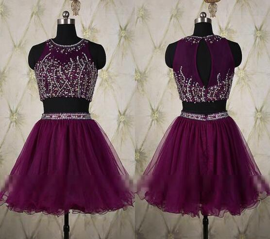 Grape Purple Prom Dress, Beading Homecoming Dress, Two Pieces Homecoming Dresses,high Neck Mid Section Short Homecoming Dresses,rhinestones