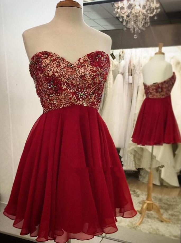 Empire Waist Prom Dress,red Lace Short Prom Dress ,chiffon Short Homecoming Dresses ,burgundy Beaded Sweetheart Homecoming Dress,wedding Party