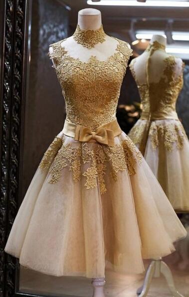 Short Homecoming Dresses,gold Lace Champagne Prom Dress,2018 Homecoming Dresses ,tulle Short Prom Dresses,bow Belt Wedding Party Dress,high Neck