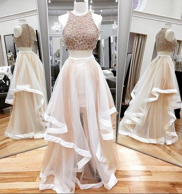 Two Pieces Prom Dresses,beading Prom Dress, High Low Skirt Long Prom ...