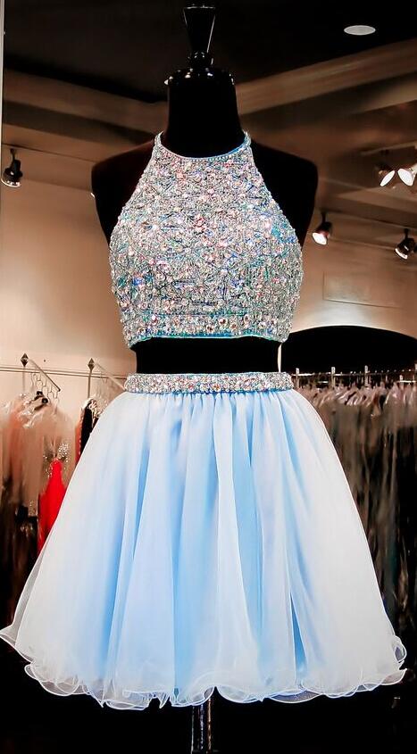 Two Pieces Light Blue Homecoming Dress,short Prom Dresses , Homecoming Dress, High Neck Open Back Rhinestones Mid Section Sky Blue Homecoming