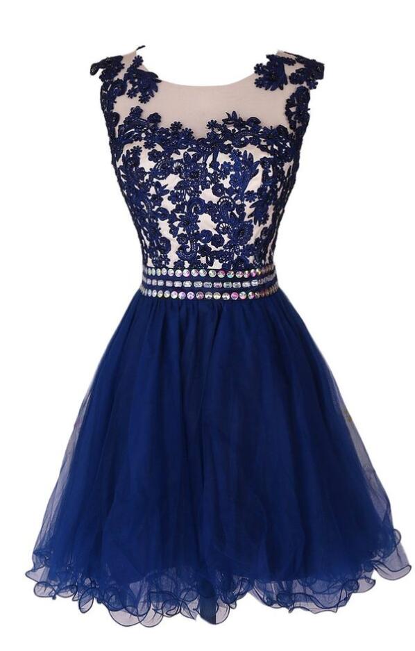 Navy Blue Homecoming Dress,lace Homecoming Dress, Short Prom Dress Homecoming Dresses With Waist Beadings,royal Blue Custom Made Mini Length