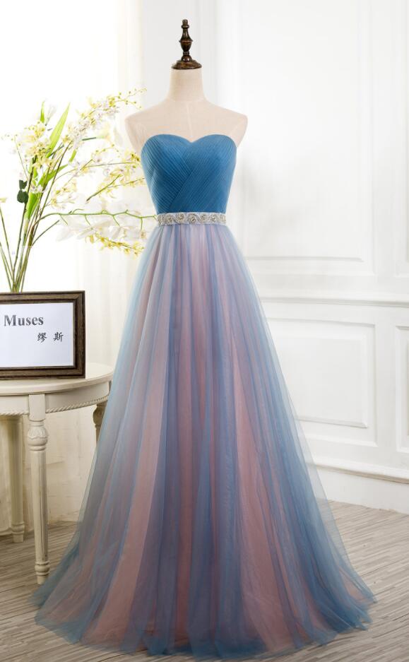 Blue Peach Tulle Strapless Prom Dresses, Prom Dress, Long Bridesmaid Dress, Pleated Sexy Party Formal Gown, A Line Prom Dress With Beads Sashes,