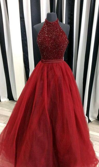 Charming Beading Prom Dress,sexy Long Prom Dress, Tulle Prom Dress, Ball Gown Prom Dress,red Prom Dresses,halter Prom Dress,prom Dress