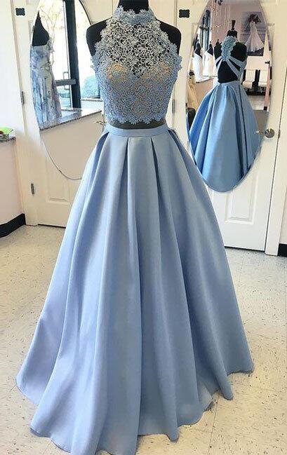 Two Pieces Prom Dresses, Blue Lace Long Prom Dress, Sexy Prom Dress, A-line Prom Dress, Backless Prom Party Dress, Sexy Evening Dress, 2 Pieces