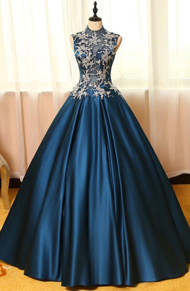 Blue Ball Gown Prom Dresses,stain Prom Dress, Lace Applique Prom Dress,a-line Long Prom Dresses,ball Gown Dresses,prom Dress,quinceanera Dresses