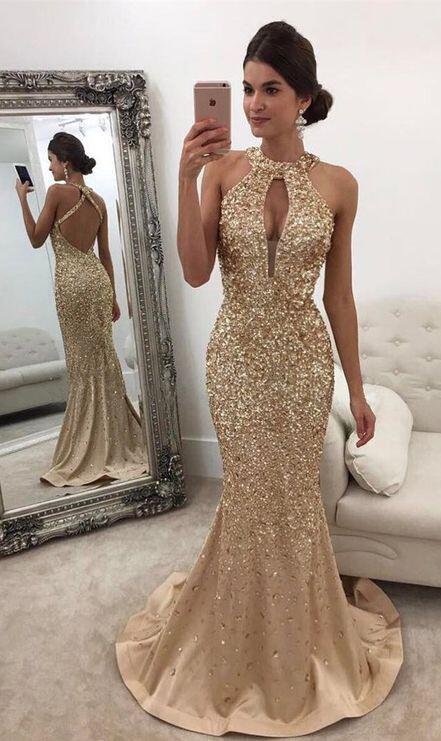 Champagne Beading Prom Dresses,Sexy Prom Dress, Long Prom Dresses, Satin Halter Prom Dress, Mermaid Prom Dresses,Crystal Beaded Prom Dress 