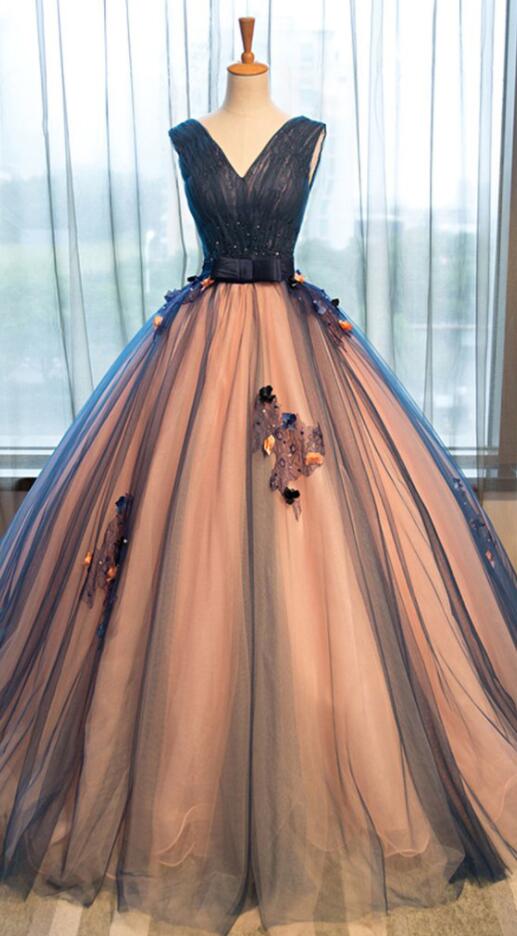 Sexy Prom Dress,long Party Dress,pretty Prom Dresses,tulle Prom Dresses,v-neck Prom Dresses With Applique, A-line Long Evening Dresses ,ball Gown
