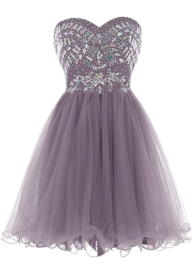Purple Beaded Embellished Sweetheart Short Tulle Homecoming Dress, Formal Dress