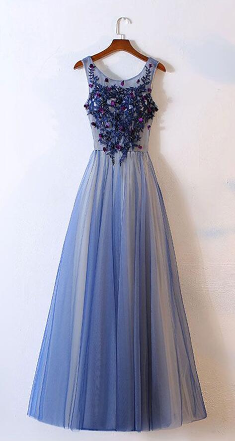 Blue Tulle Prom Dress, Prom Dress,round Neck Prom Dress,long Prom Dress, Tulle Evening Dresses,appliqued Prom Dresses,a Line Prom Gown,prom Dress