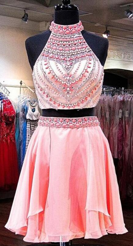 Two Pieces Prom Dress,short Prom Dresses, Homecoming Dress,sexy Beading Homecoming Dresses, 2 Pieces Homecoming Dresses,pink Homecoming
