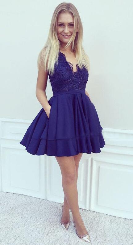 Sexy Lace Homecoming Dress,Cheap A-Line Homecoming Dress,V-Neck Prom Dresses,Dark Blue Homecoming Dresses,Satin Homecoming Dress,Short Homecoming Dress,Lace Homecoming Dresses,Beading Homecoming Dress With Pockets