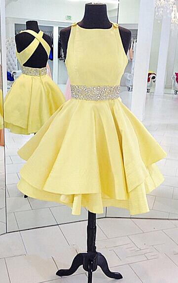 Stain Homecoming Dress,short Homecoming Dress,yellow Homecoming Dresses,cross Back Homecoming Dress,short Prom Dresses,cute Party Dress, Beading