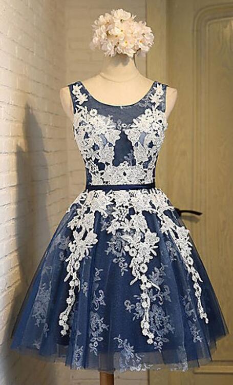 Navy Blue Homecoming Dress, Scoop Homecoming Dress,short Prom Dresses,a Line Homecoming Dress,lace Up Back Homecoming Dresses,appliques