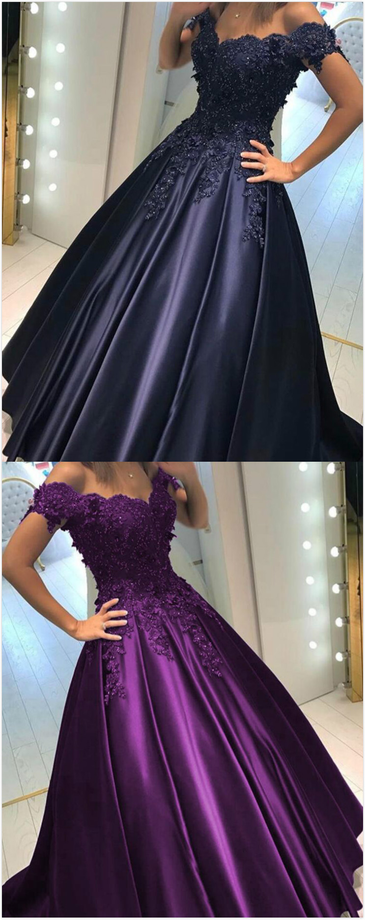 Off The Shoulder Satin Prom Dresses,Lace Flower Prom Dress, Ball Gown ...