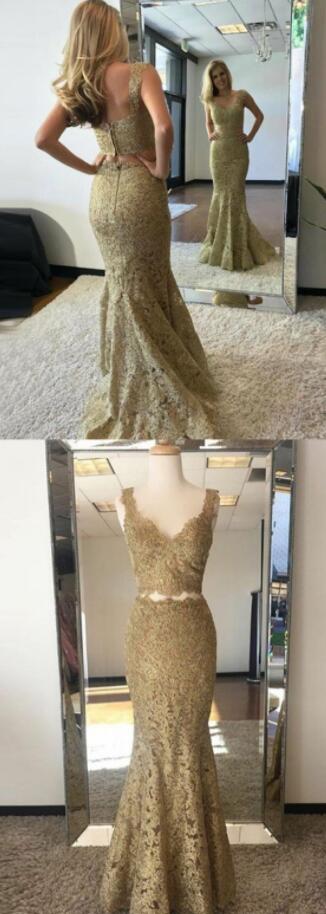 Two Piece Prom Dress,Lace prom Dress,Cheap Prom Dress,Mermaid V-Neck Prom Dress,Sweep Train Gold Lace Prom Dress