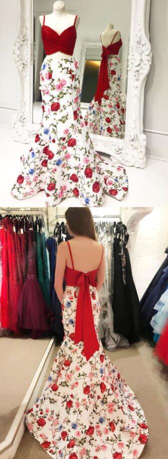 Two Piece Prom Dress,Printing prom Dress,Cheap Prom Dress,Spaghetti Straps Sweep Train Floral Red Satin Prom Dress with Bow