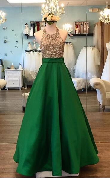 Halter Neckline Prom Dress,beading Prom Dress,stain Prom Dress,green Prom Dress,handmade Beaded Evening Dress