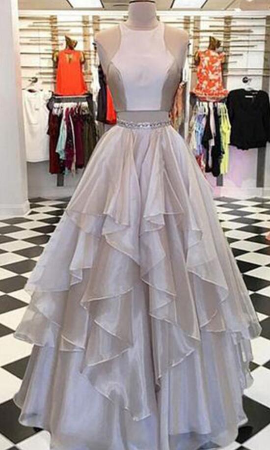 Light Gray Prom Dress, Prom Dress,a Line Prom Dress,long Prom Dress,two Pieces Beaded Belt Long Halter Homecoming Dresses