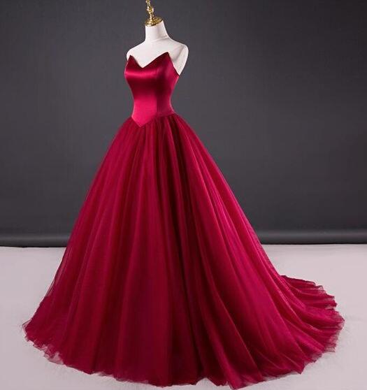 Simple Red Wedding Dress,tulle Prom Dress,mermaid Prom Dress,ball Gown Wine Red Prom Dress,strapless Red Formal Dress