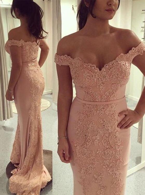 pink off the shoulder bridesmaid dress