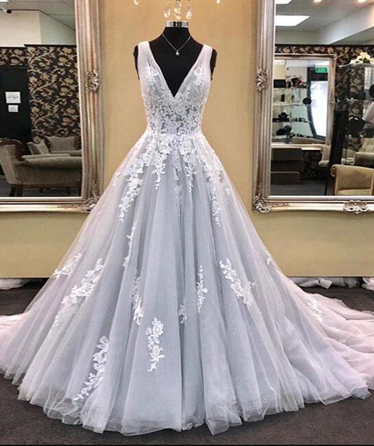 A Line Lace Wedding Dress, Prom Dress,lace Prom Dress, Tulle V-neckline Wedding Dress