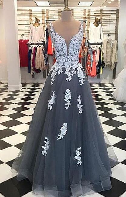 Gray Tulle Prom Dress, Prom Dress,tulle Prom Dress,sexy Prom Dress,lace Long Prom Dress, Lace Evening Dress