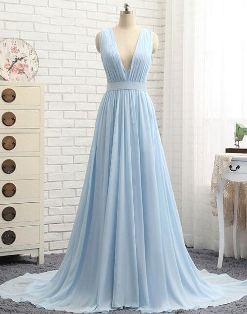 Simple Blue Prom Dress,long Bridesmaid Dress,chiffon Prom Dress,v Neck Chiffon Long Prom Dress, Blue Evening Dress