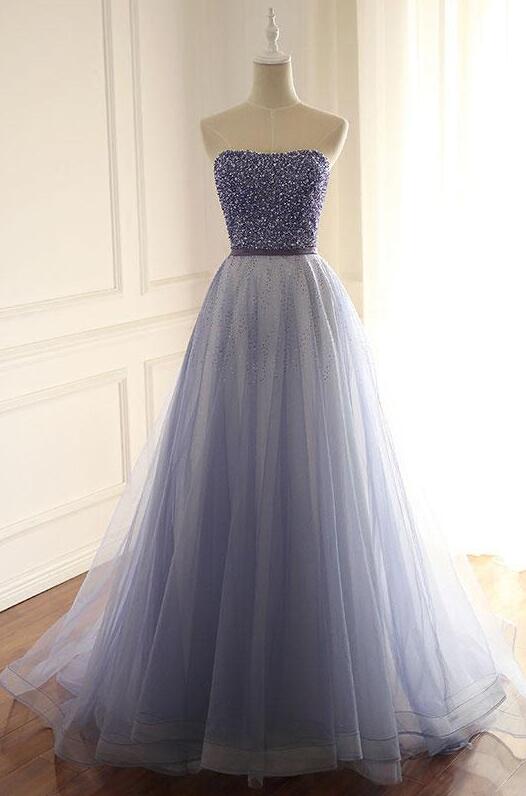 Sexy Blue Beaded Prom Dress,mermaid Prom Dress,2018 Strapless Prom Dress,tulle Prom Dress,a-line Blue Evening Dresses