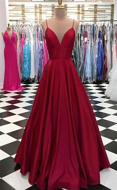 Simple Spaghetti Straps Prom Dress,a Line Chiffon Prom Dress,v-neck Burgundy Prom Dress,satin Formal Dress