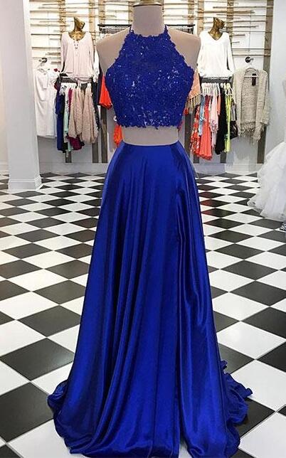 Royal Blue Prom Dress,lace Prom Dress,sexy Two-piece Long Prom Dress With Lace Top,blue Evening Dress With Split