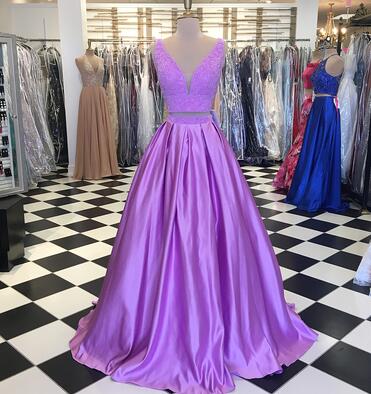 Charming Beading Prom Dress, Long Prom Dress,two Piece Prom Dress,v Neck Beaded Two Piece Prom Dresses, Long Evening Dress, Formal Gown