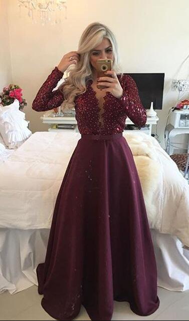 Sexy Evening Dress,A Line Prom Dress,Long Sleeve Prom Dress, Cheap Dresses,Formal Gown,Beaded Pearls Prom Dresses,Formal Dress 
