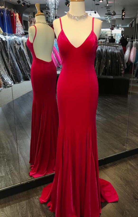 Sexy Backless Prom Dresses, Red Mermaid Prom Dress, Simple Prom Dress,long Spaghetti Straps Evening Party Dress