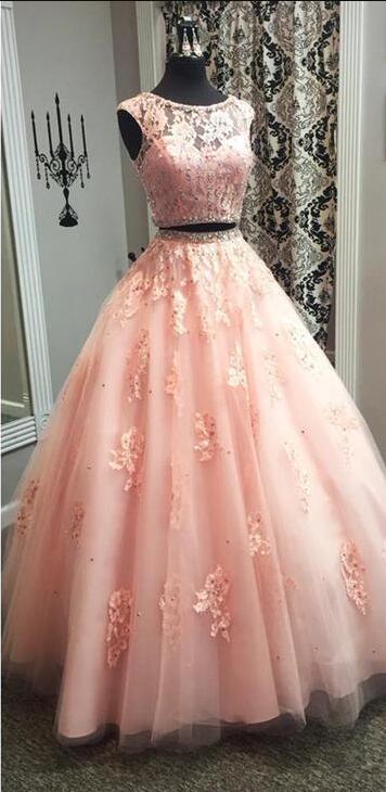 Two Piece Pink Prom Dress, Appliques Tulle Prom Dress, Prom Dress,lace Prom Dress,elegant Beaded Long Prom Dresses, Long Evening Dress