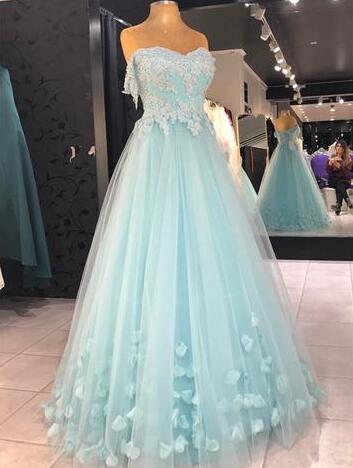 Sexy Tulle Prom Dresses, Baby Blue Prom Dress, Prom Dress,appliques Prom Dress, Long Evening Dress