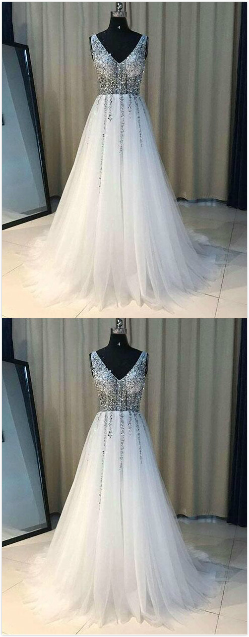 Sexy Tulle Prom Dress,beading Prom Dress,a Line Prom Dress,beading Prom Dress,v Neck Crystal White Prom Dress