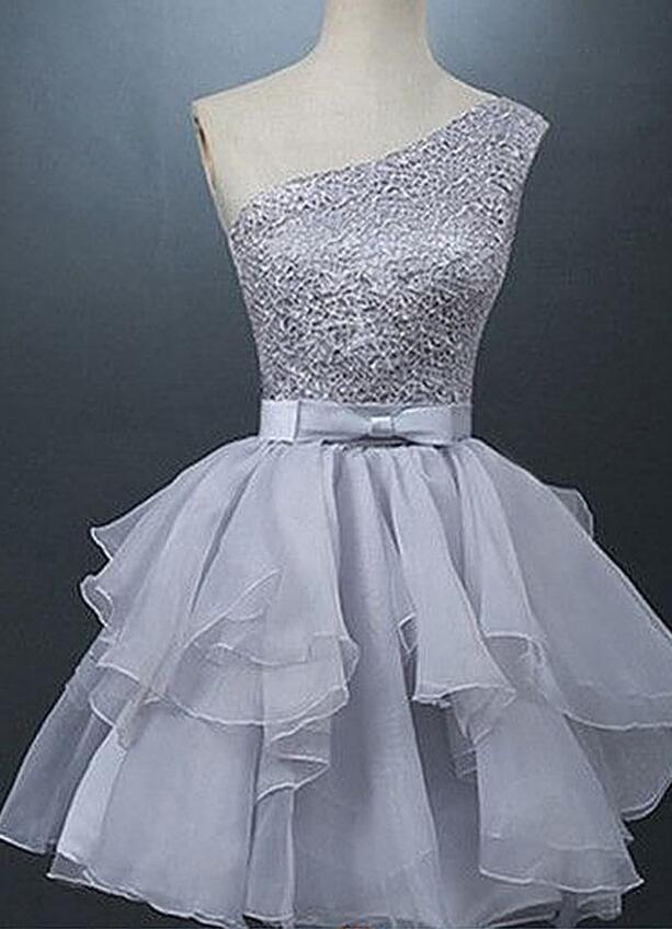 Grey Homecoming Dress,sexy Homecoming Dress,organza Homecoming Dresses ,tulle Prom Dress,a Lines Beadings Short One Sleeve Laced Up A Lines
