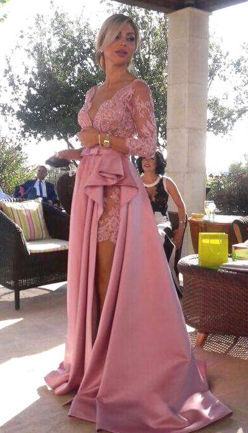 Long Lace Sleeve Prom Dress Sexy Prom Dress Lace Prom Dress Satin Prom