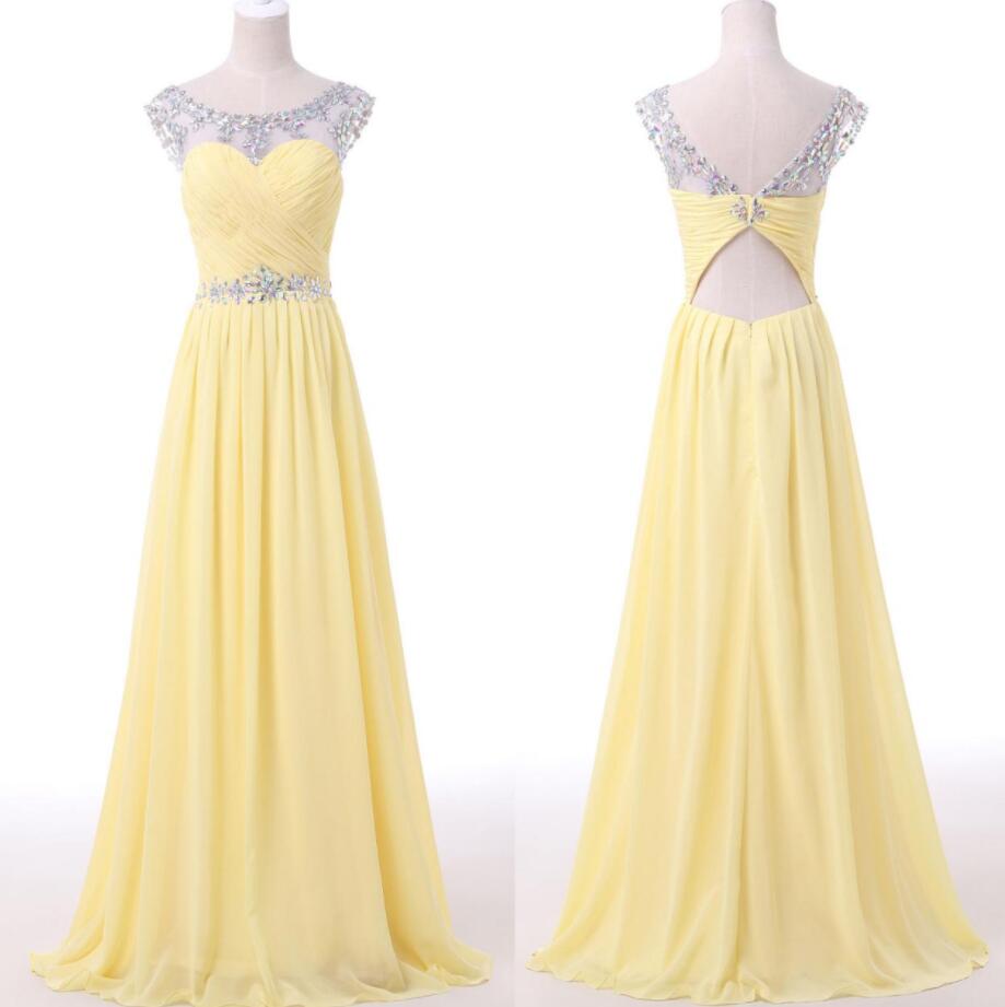 Open Back Evening Dress,Chiffon Prom Dress,Beading Prom Dress,Sexy Prom Dress,Backless Prom Dress,Sequined Evening Gowns,Yellow Formal Dress