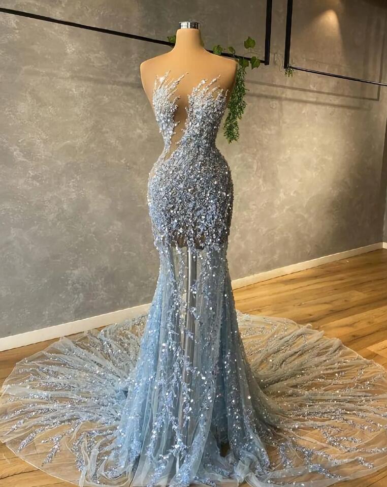 Chic Mermaid Tulle Prom Dresses, Sexy Evening Dresses