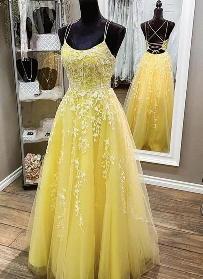 A Line Backless Yellow Lace Formal Prom Dresses